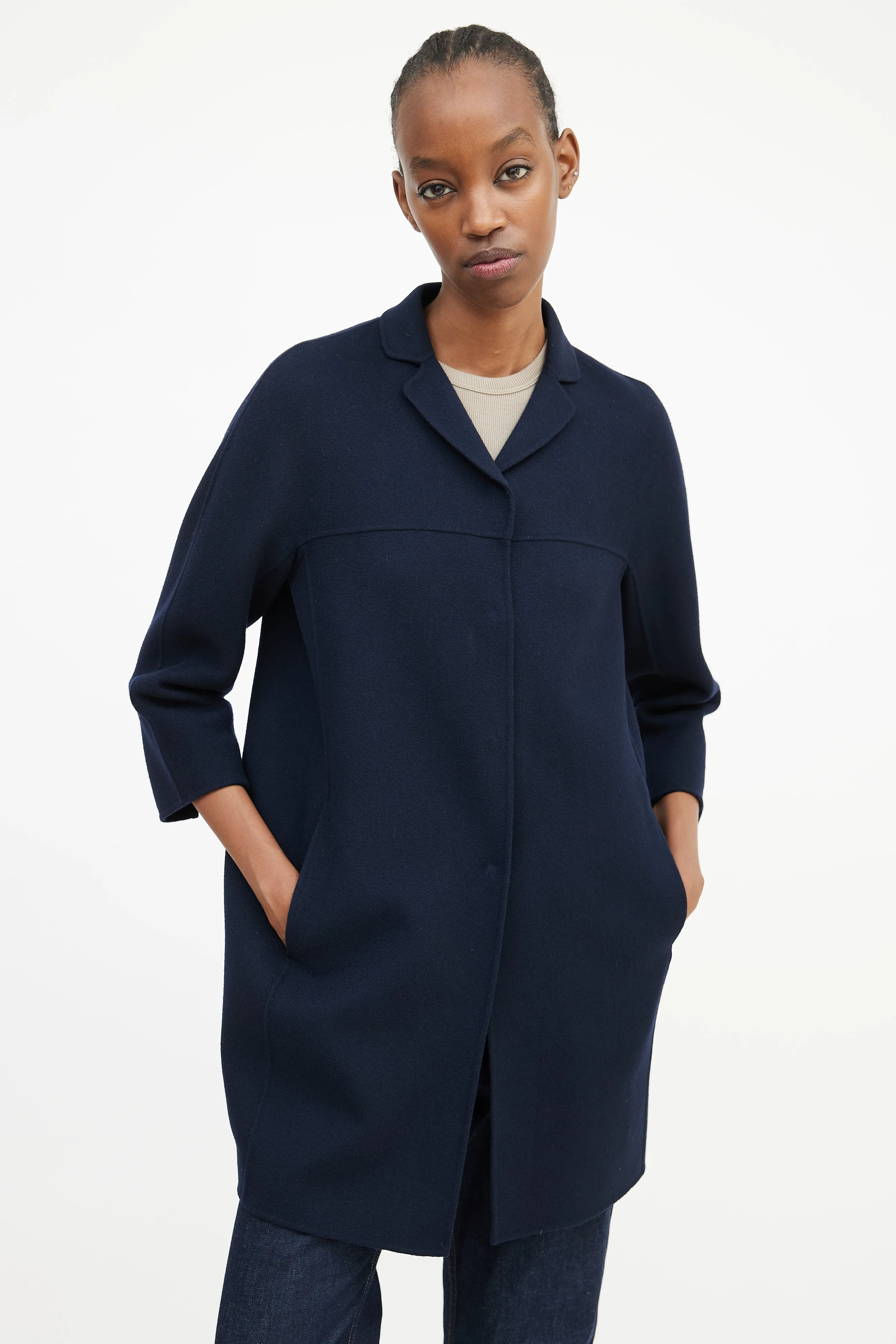 'S Navy Wool Three Quarter Sleeve Coat