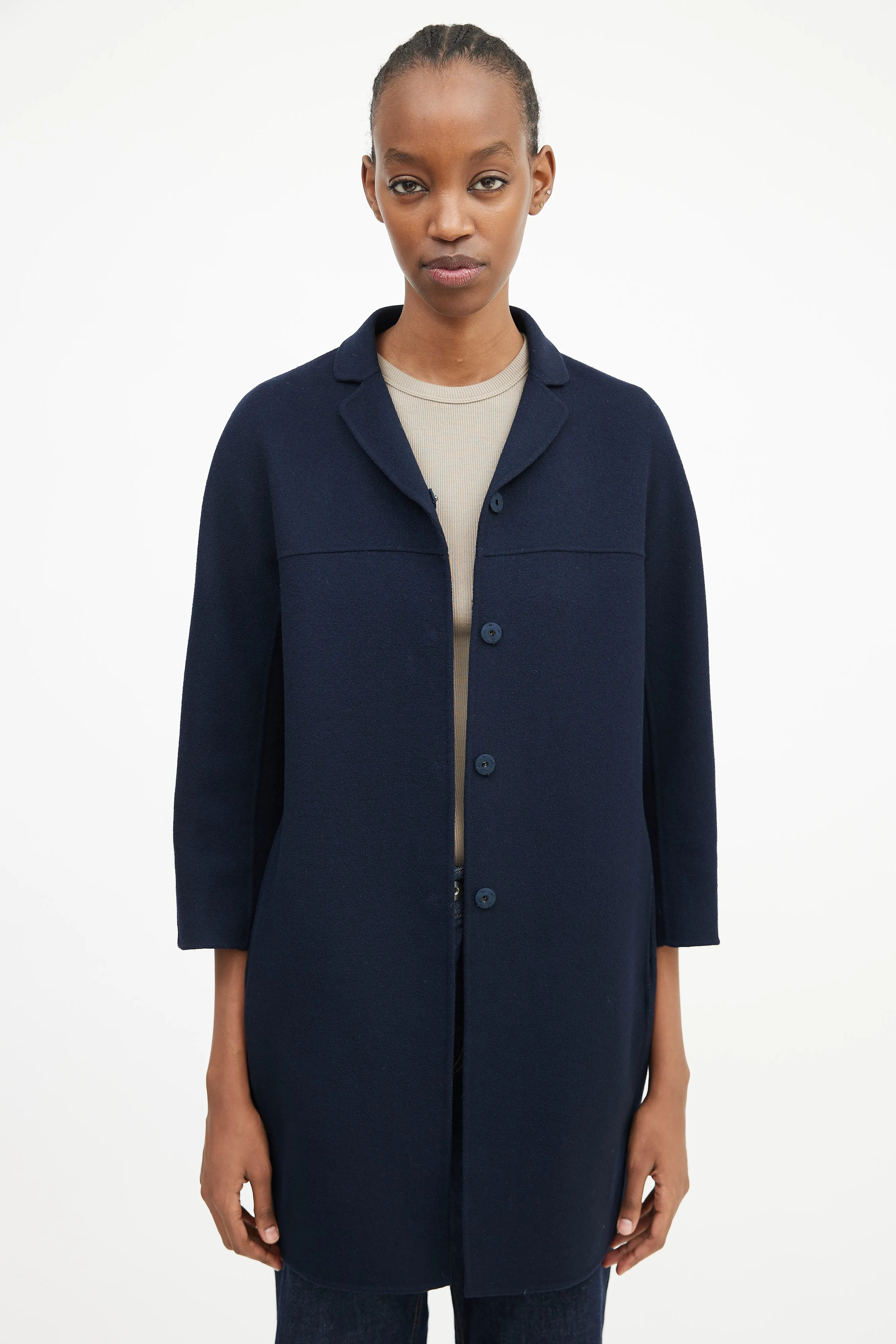 'S Navy Wool Three Quarter Sleeve Coat