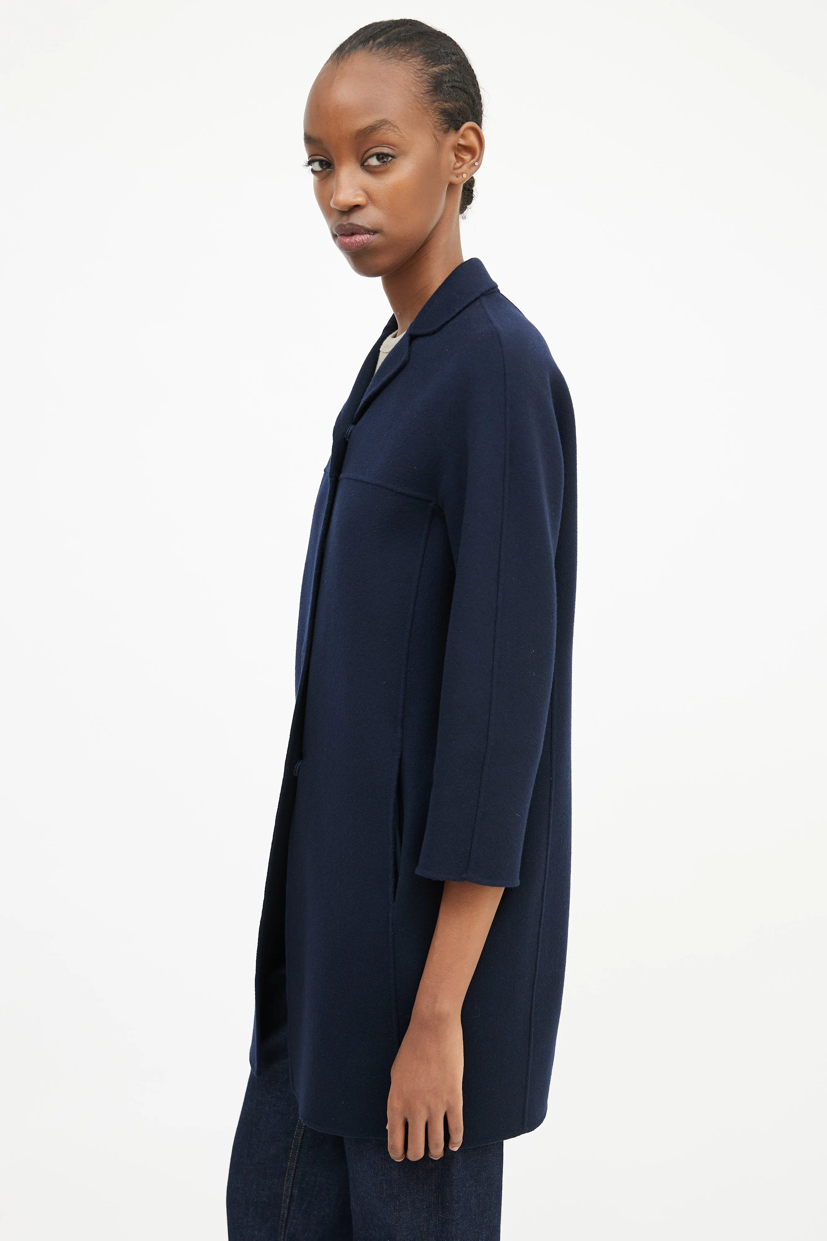 'S Navy Wool Three Quarter Sleeve Coat