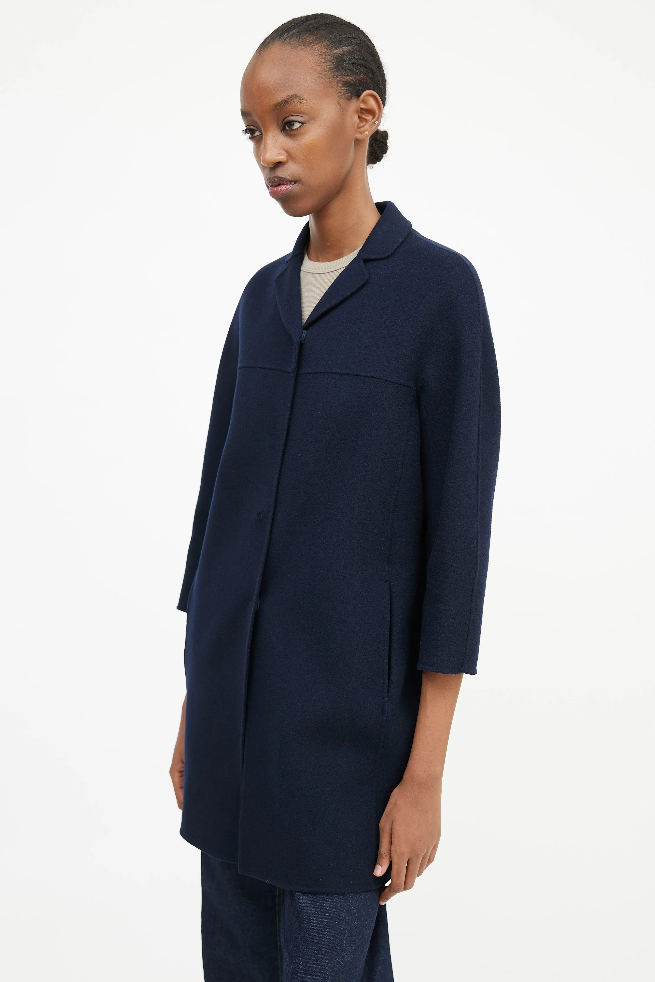 'S Navy Wool Three Quarter Sleeve Coat