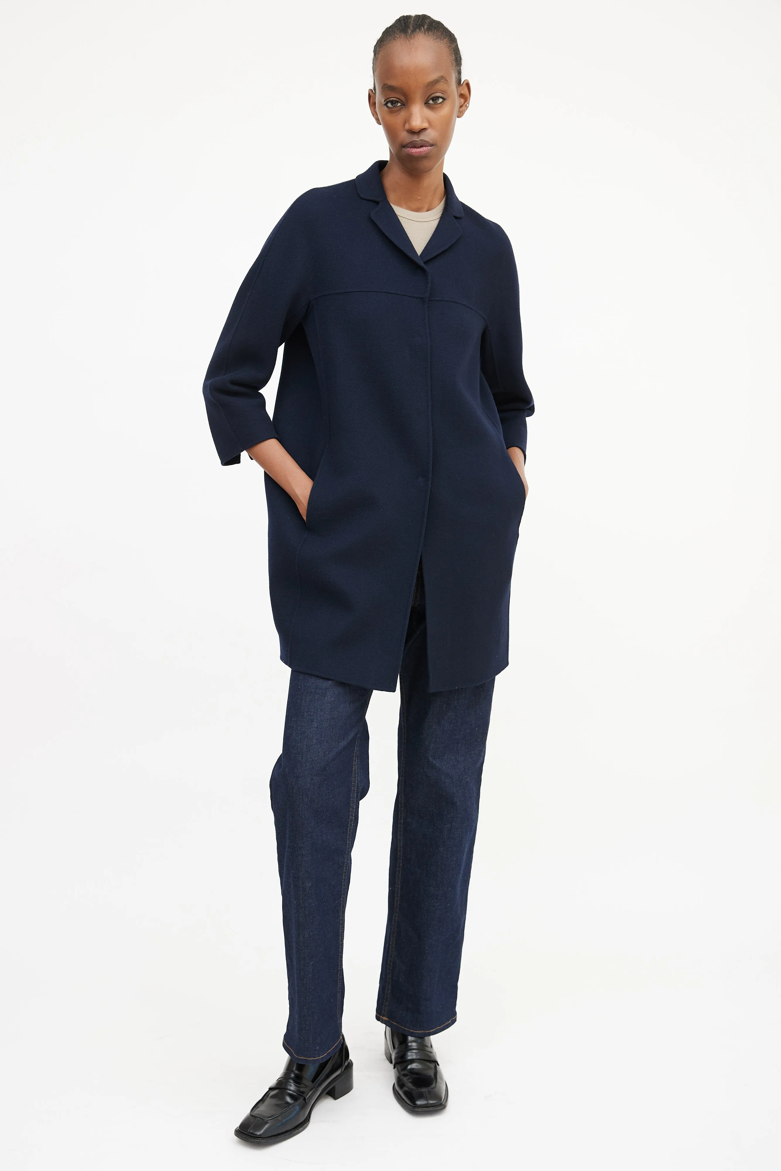 'S Navy Wool Three Quarter Sleeve Coat