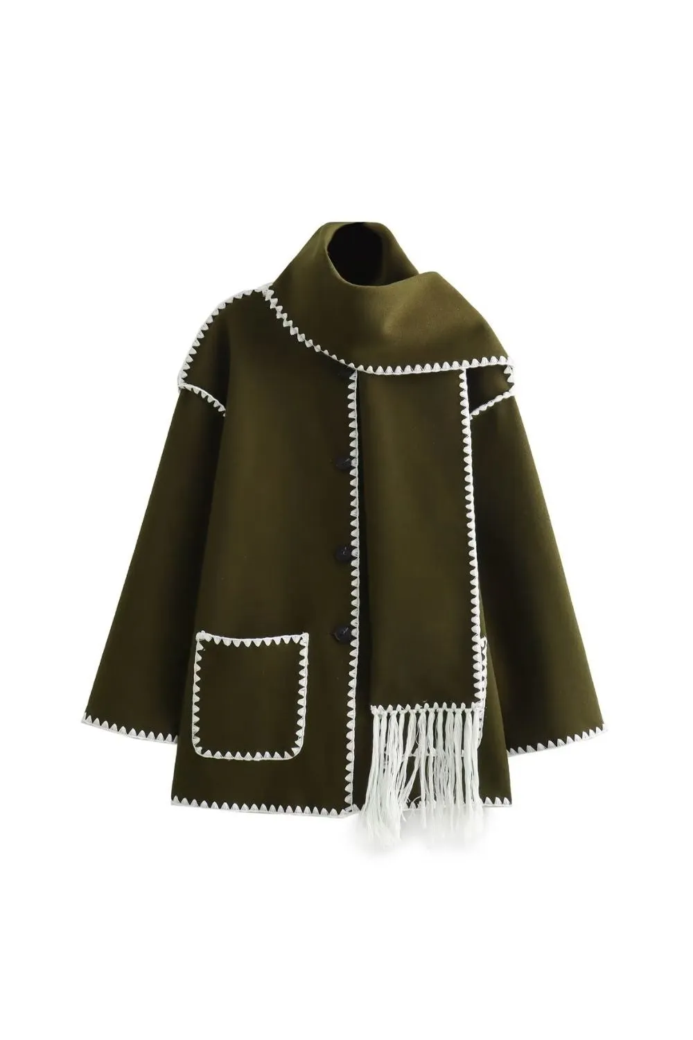 'Samantha' Scarf-Trimmed Patchwork Woolen Knit Coat