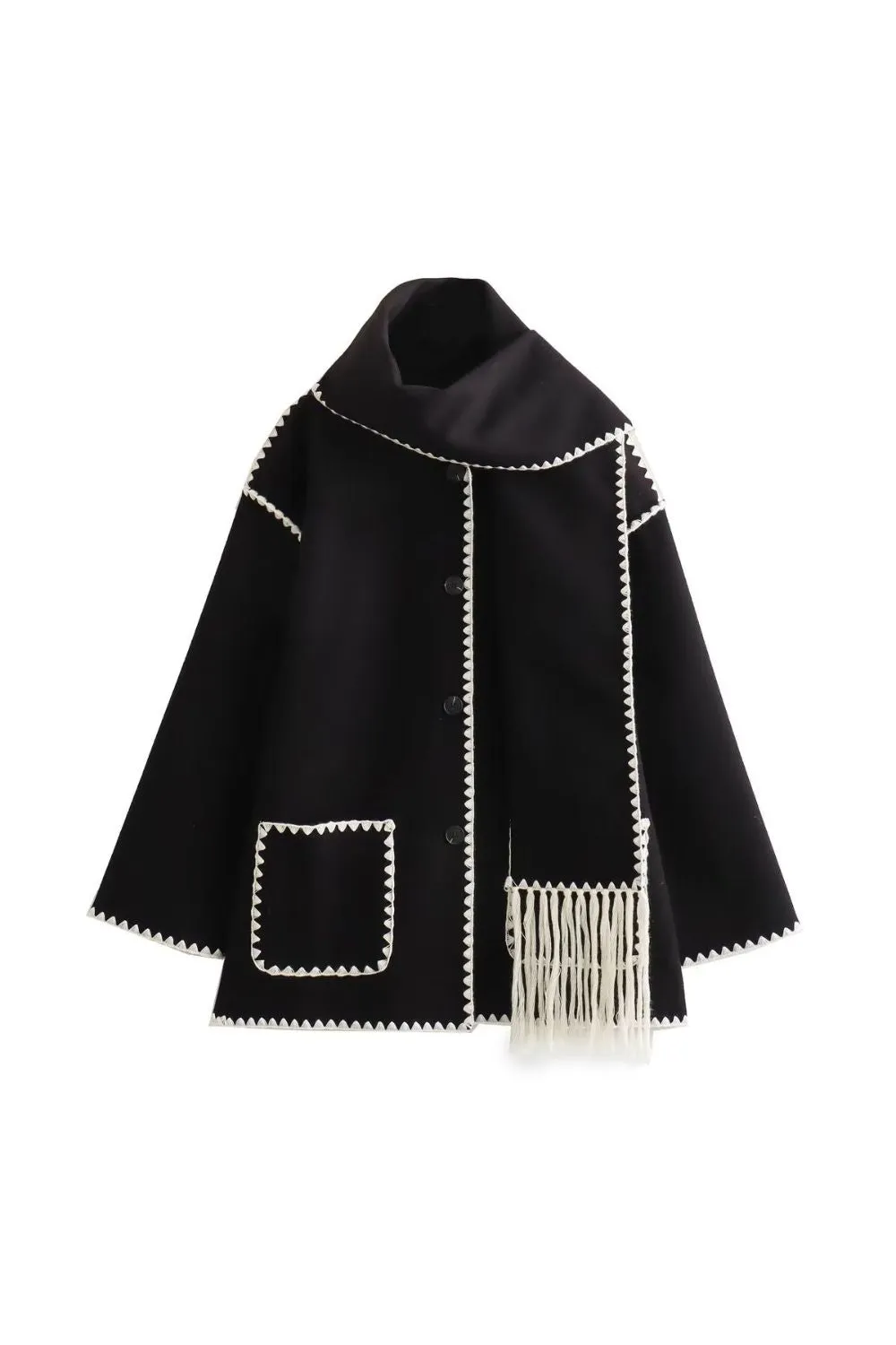 'Samantha' Scarf-Trimmed Patchwork Woolen Knit Coat