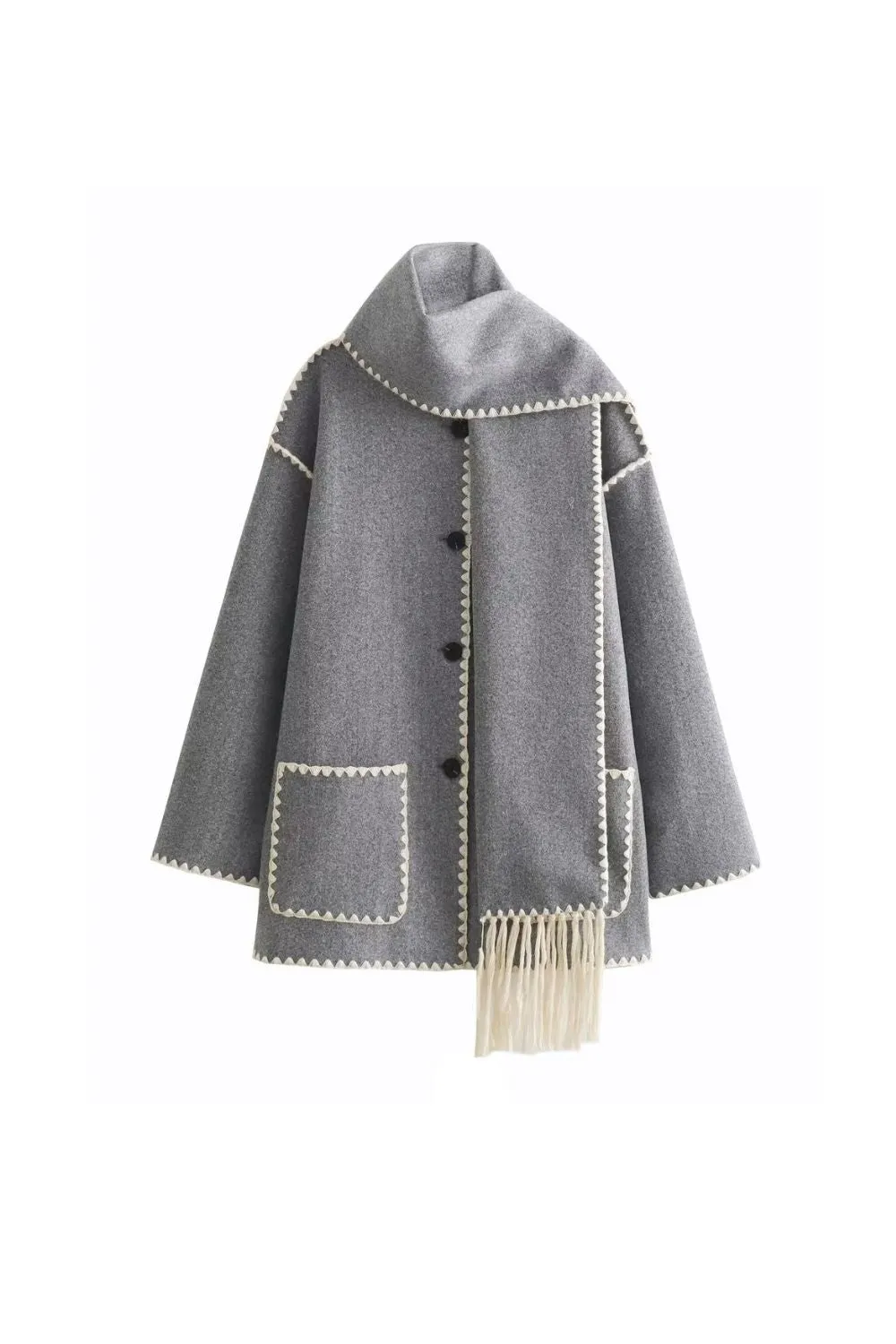 'Samantha' Scarf-Trimmed Patchwork Woolen Knit Coat