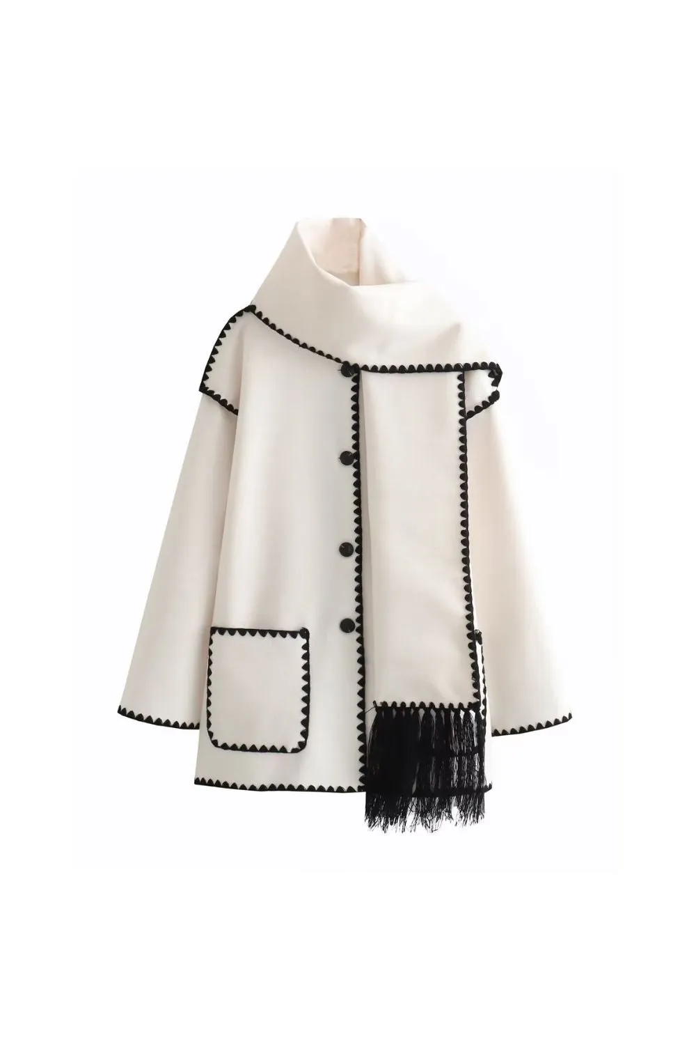 'Samantha' Scarf-Trimmed Patchwork Woolen Knit Coat