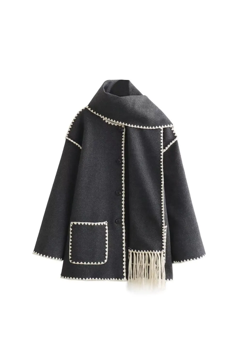 'Samantha' Scarf-Trimmed Patchwork Woolen Knit Coat