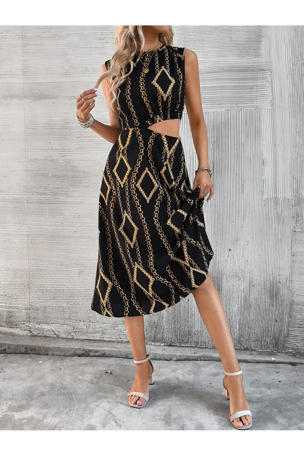 Scarf Print Cutout Waist Sleeveless Dress