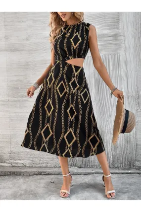 Scarf Print Cutout Waist Sleeveless Dress