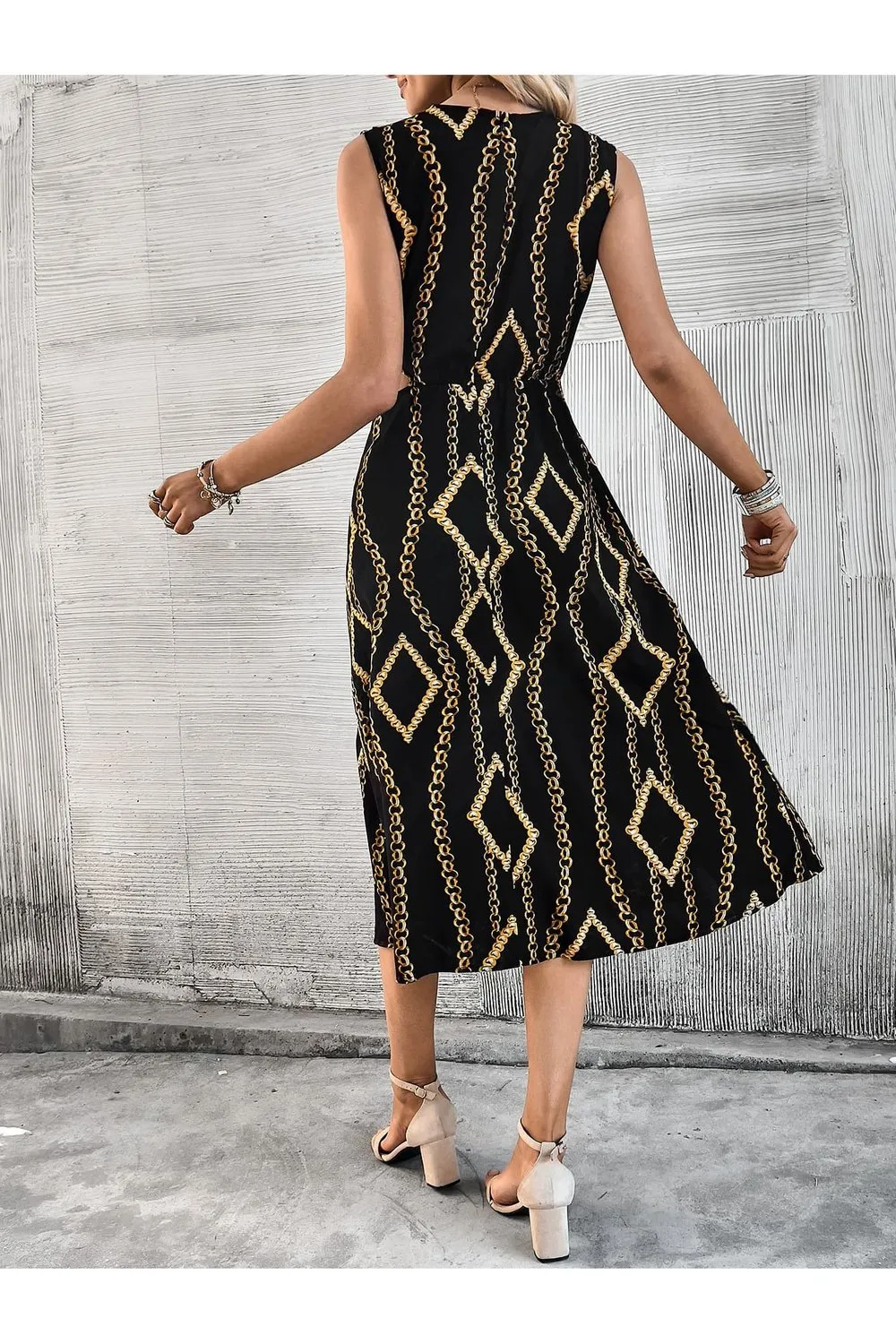 Scarf Print Cutout Waist Sleeveless Dress