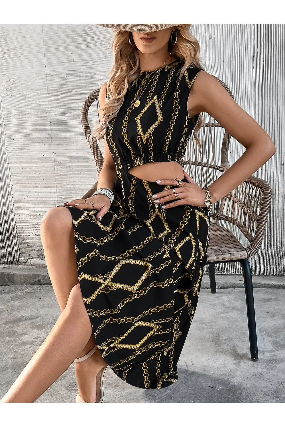 Scarf Print Cutout Waist Sleeveless Dress