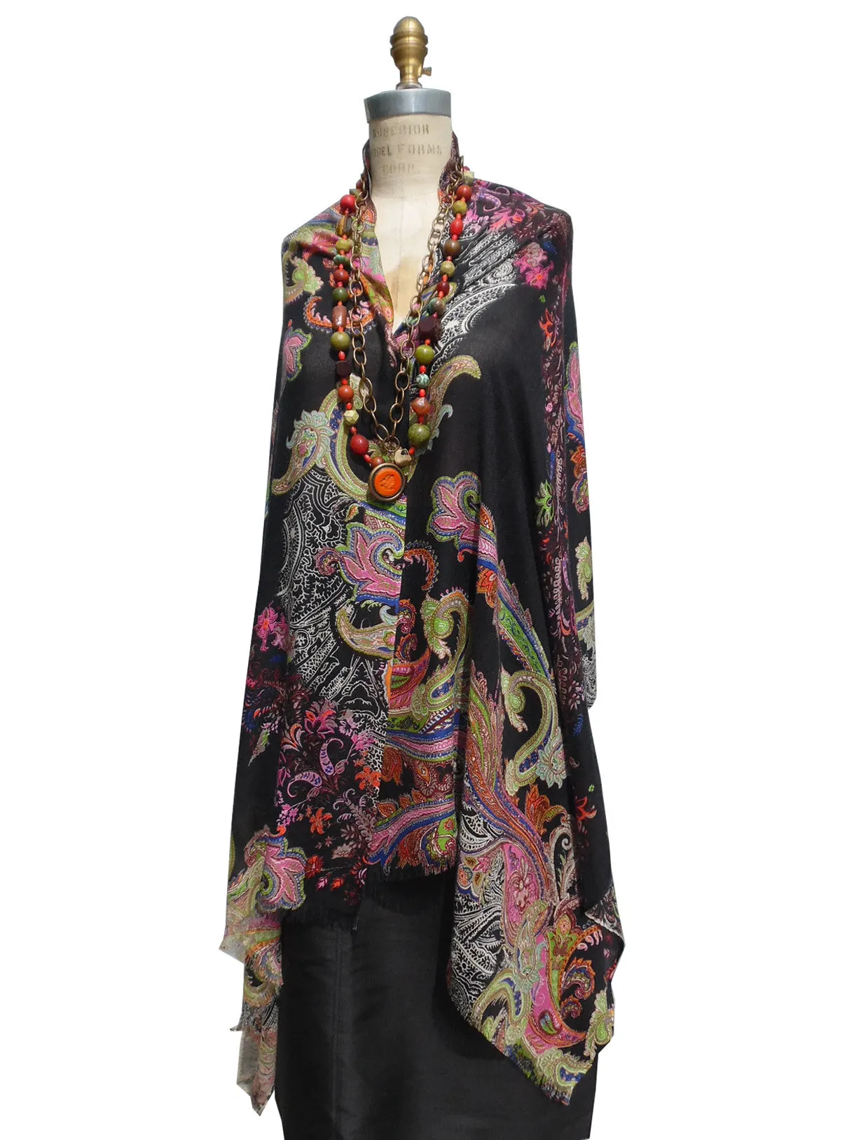 Shawl Silk And Cashmere Paisley Black and Bright