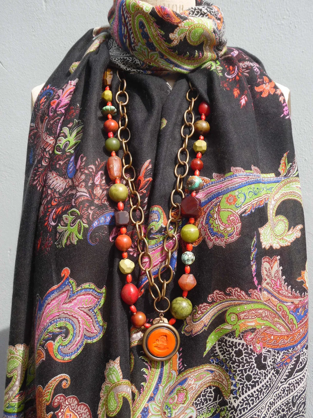 Shawl Silk And Cashmere Paisley Black and Bright