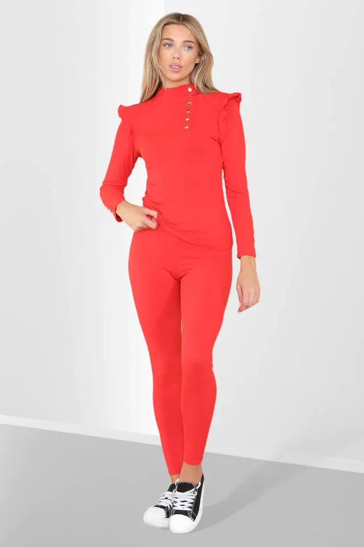 Side Buttons Frill Shoulder Suit