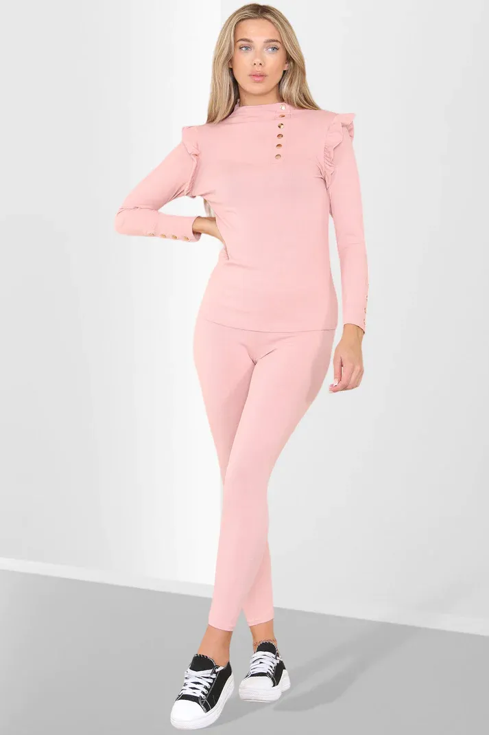 Side Buttons Frill Shoulder Suit