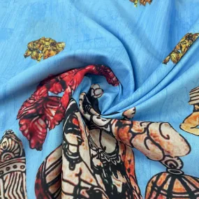 Sky Blue Madhubani Print Cotton Satin Fabric 35