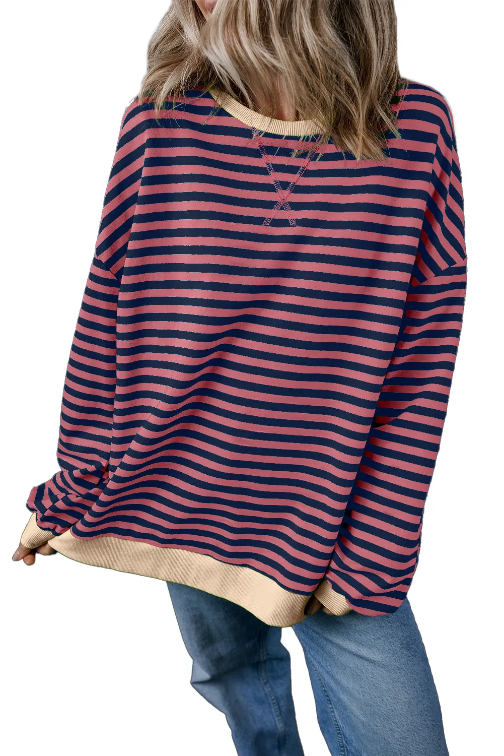 Sky Blue Stripe Contrast Edge Oversized Pullover