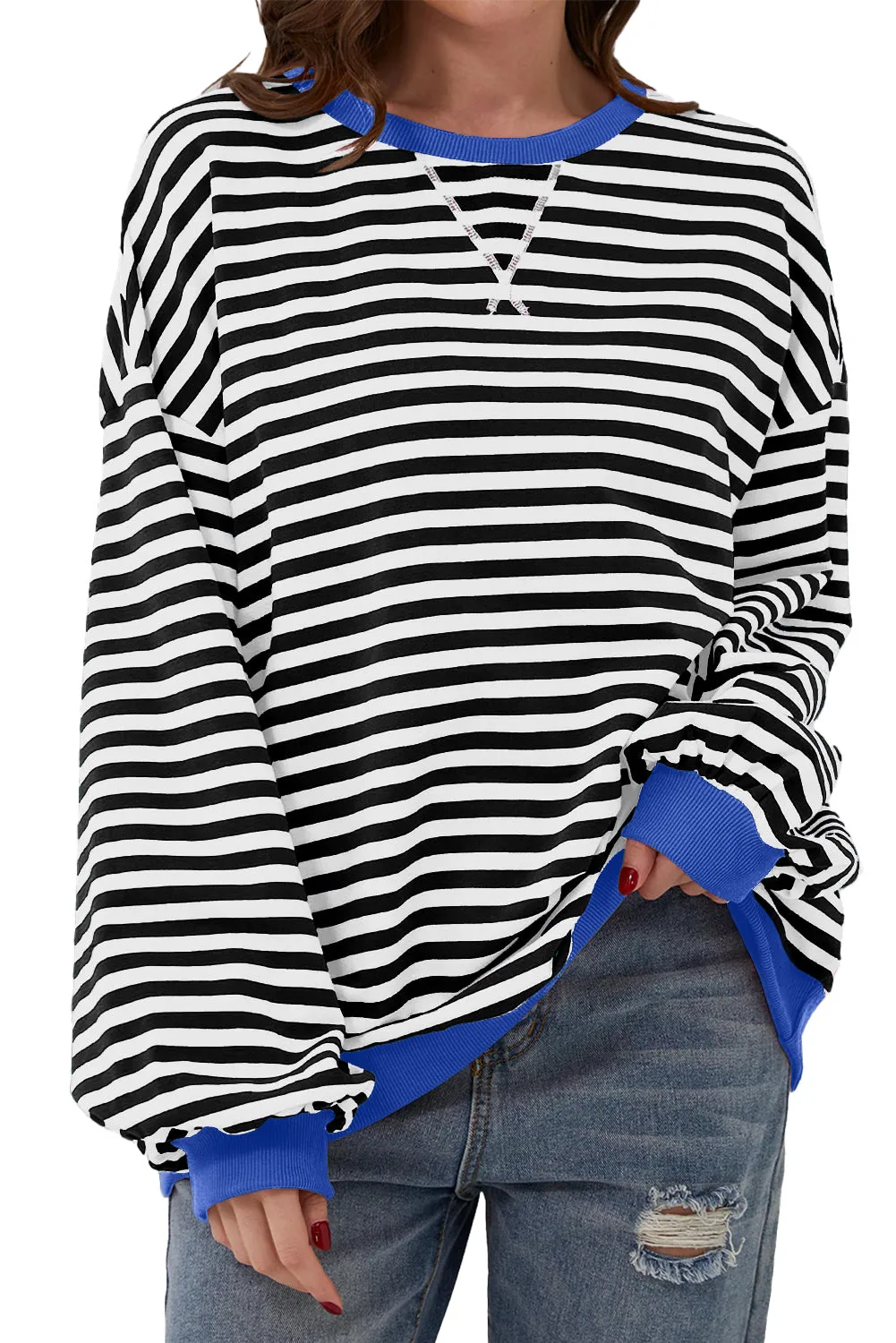 Sky Blue Stripe Contrast Edge Oversized Pullover