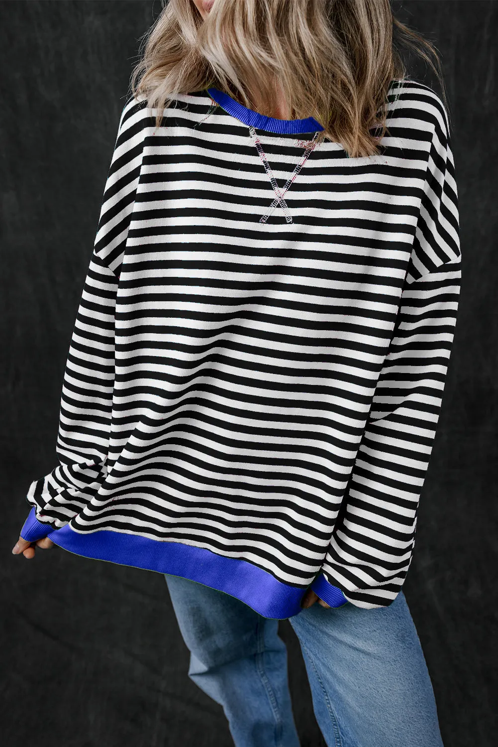 Sky Blue Stripe Contrast Edge Oversized Pullover