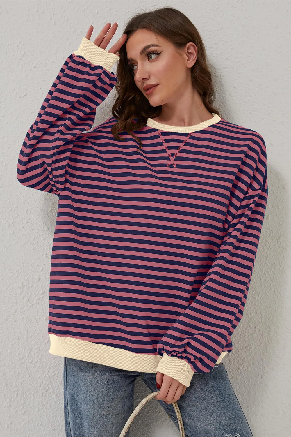 Sky Blue Stripe Contrast Edge Oversized Pullover