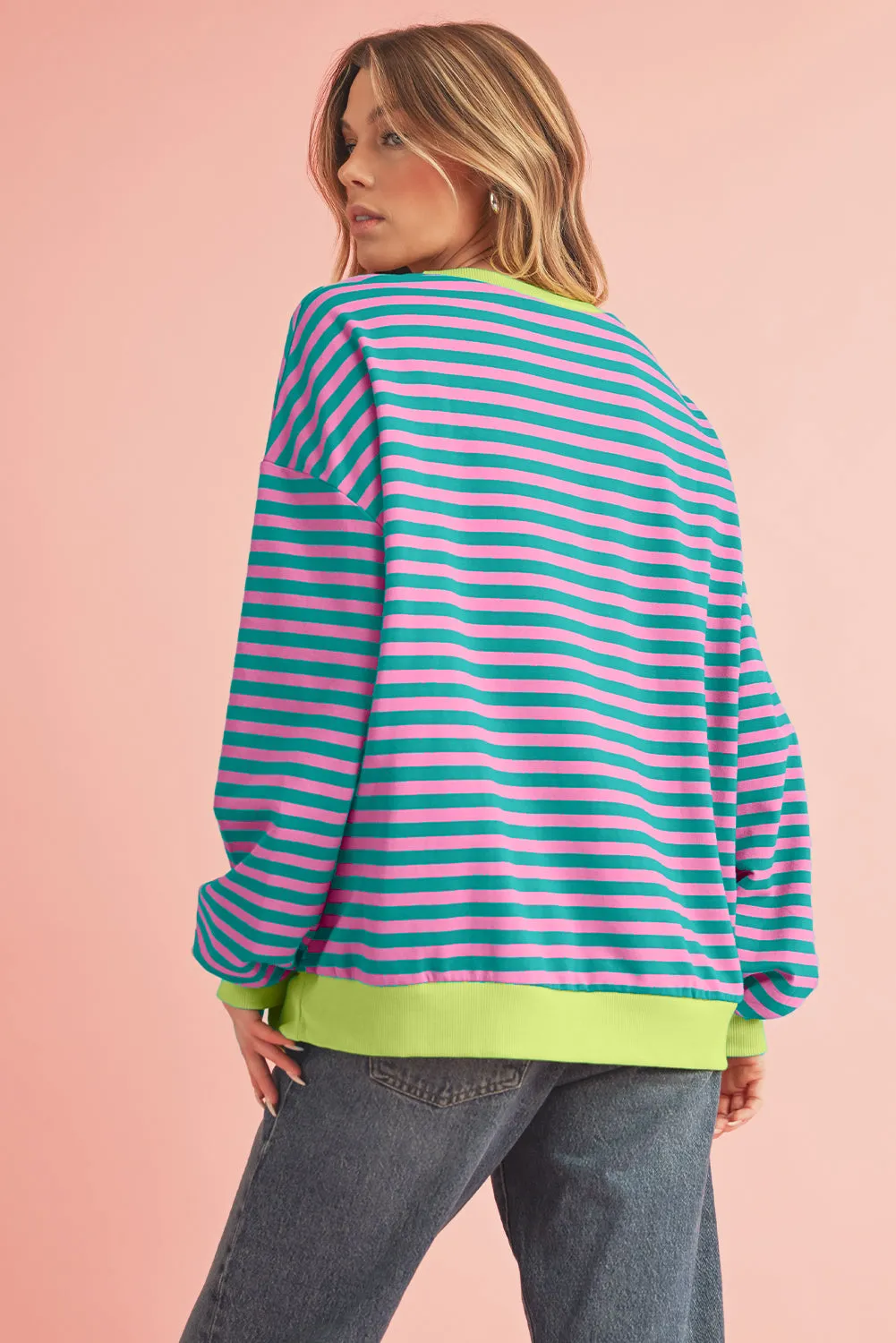 Sky Blue Stripe Contrast Edge Oversized Pullover