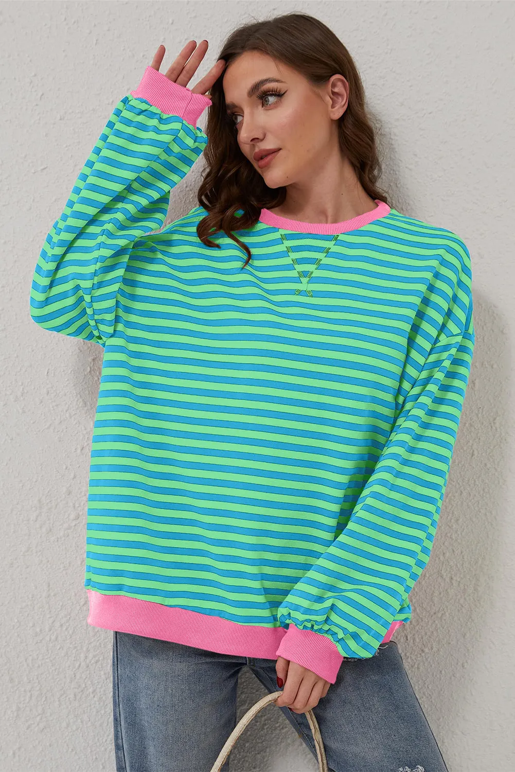 Sky Blue Stripe Contrast Edge Oversized Pullover