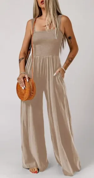 Smocked Wide Leg Jumpsuit | Apricot