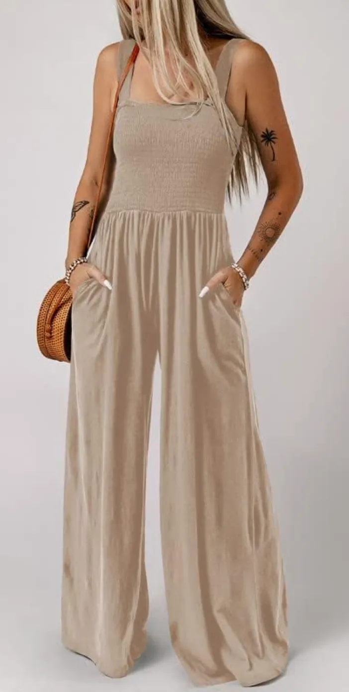 Smocked Wide Leg Jumpsuit | Apricot