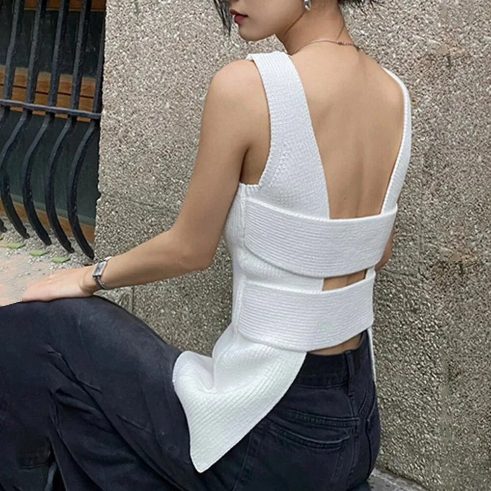 Solid Sweaters Vest V Neck Sleeveless Backless Slim Designer Pullover Temperament Sweater Female Fashion Clothes