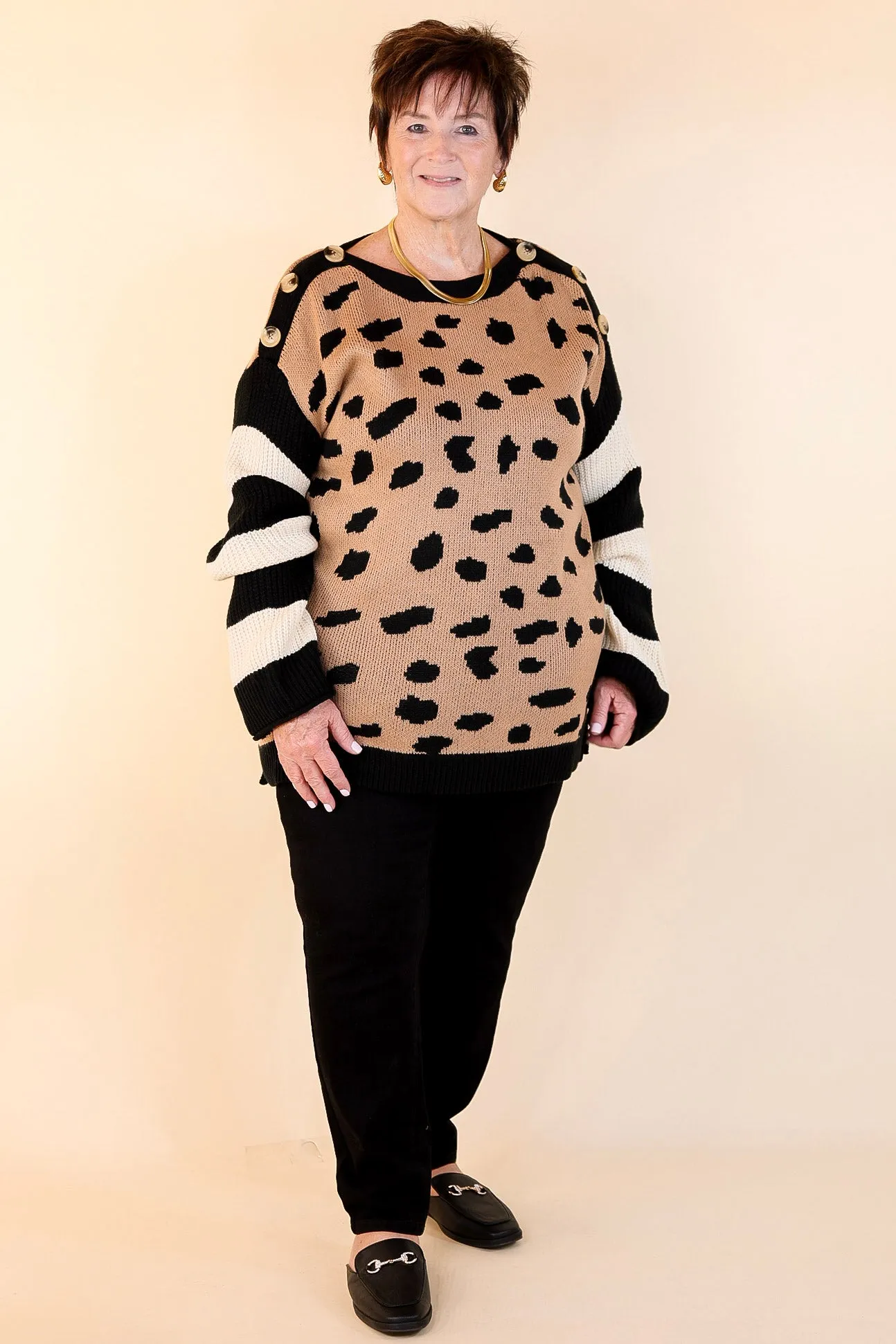 Spotted in Aspen Dotted Sweater with Striped Sleeves and Buttons in Mocha and Ivory