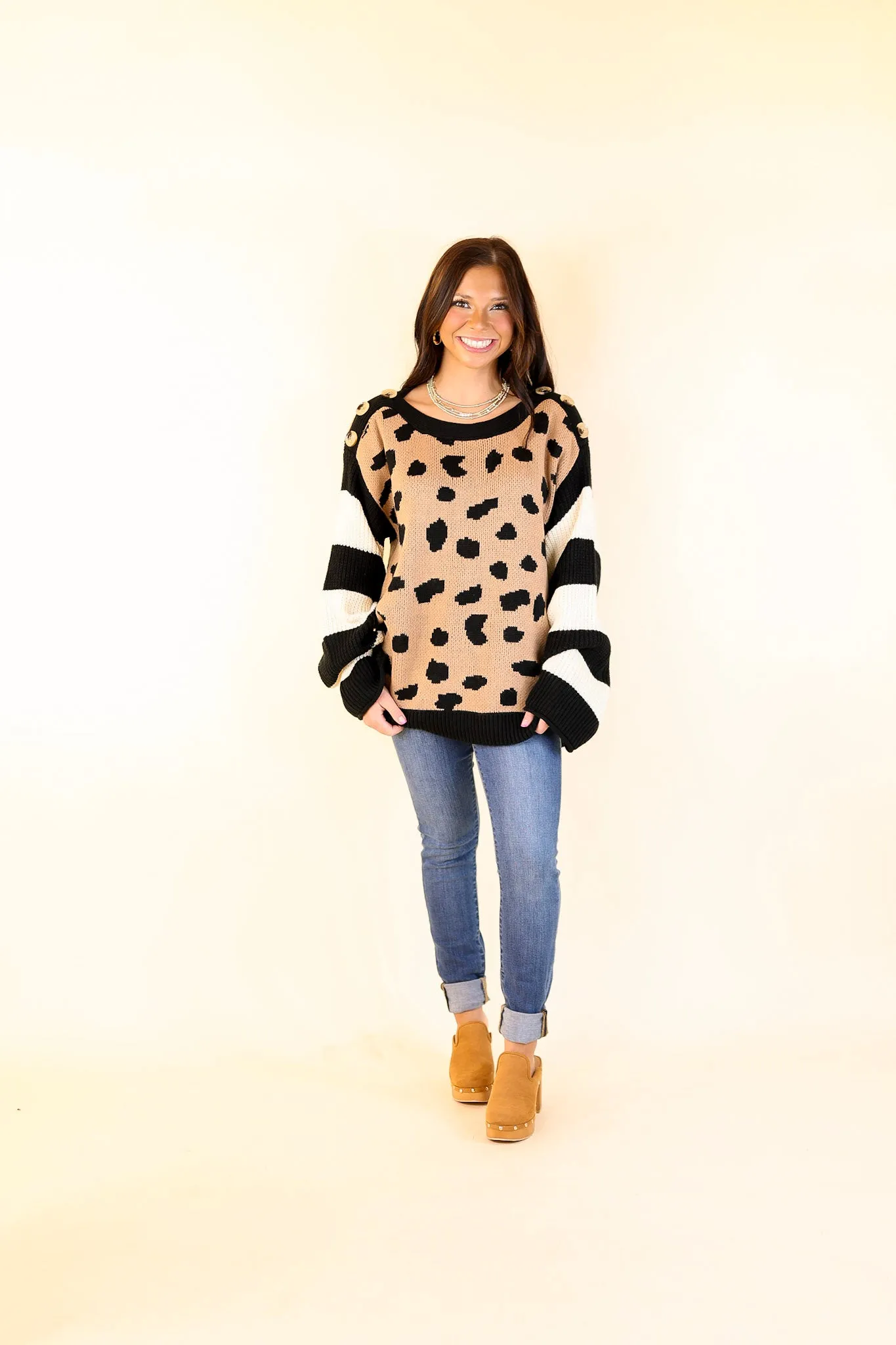 Spotted in Aspen Dotted Sweater with Striped Sleeves and Buttons in Mocha and Ivory