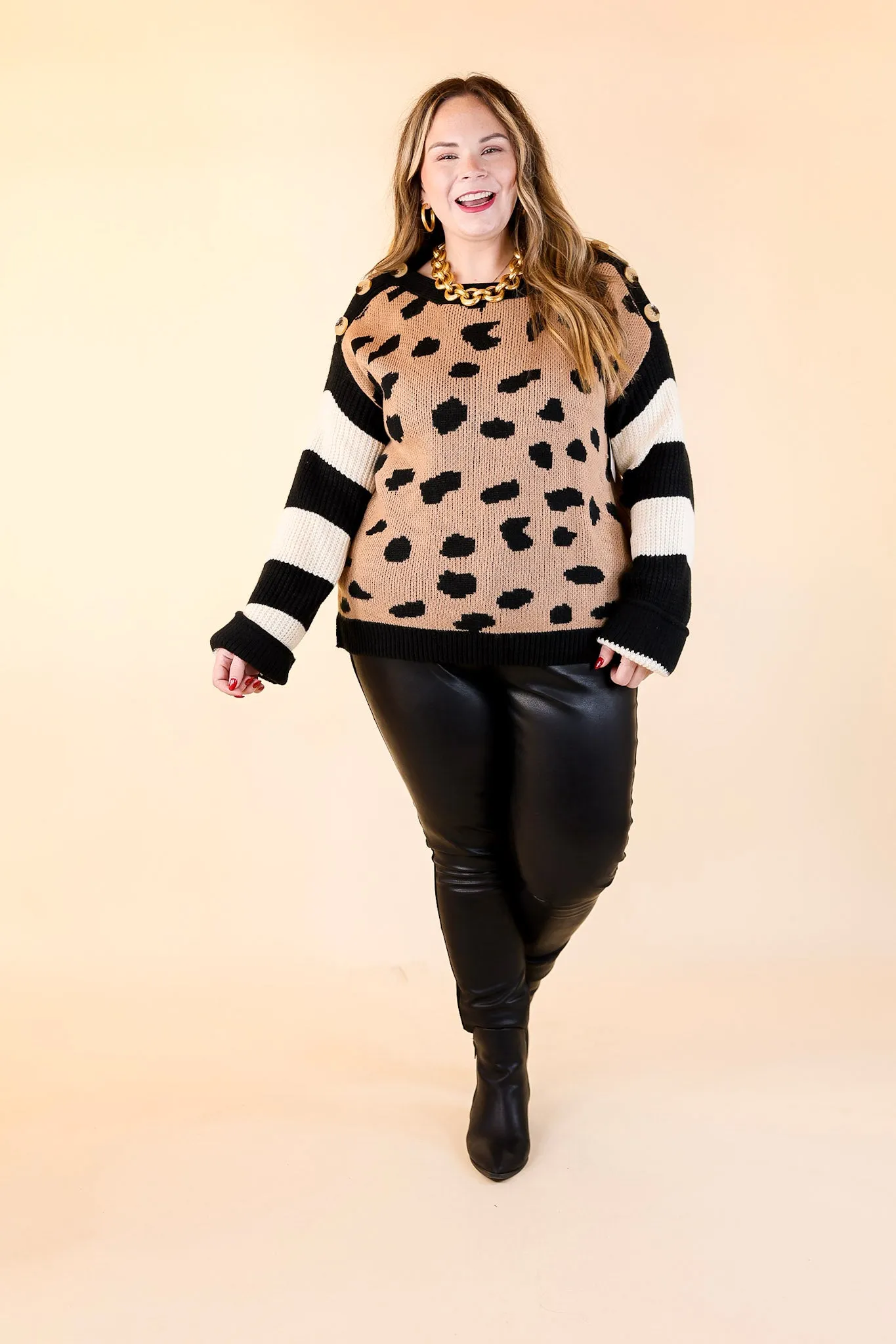 Spotted in Aspen Dotted Sweater with Striped Sleeves and Buttons in Mocha and Ivory