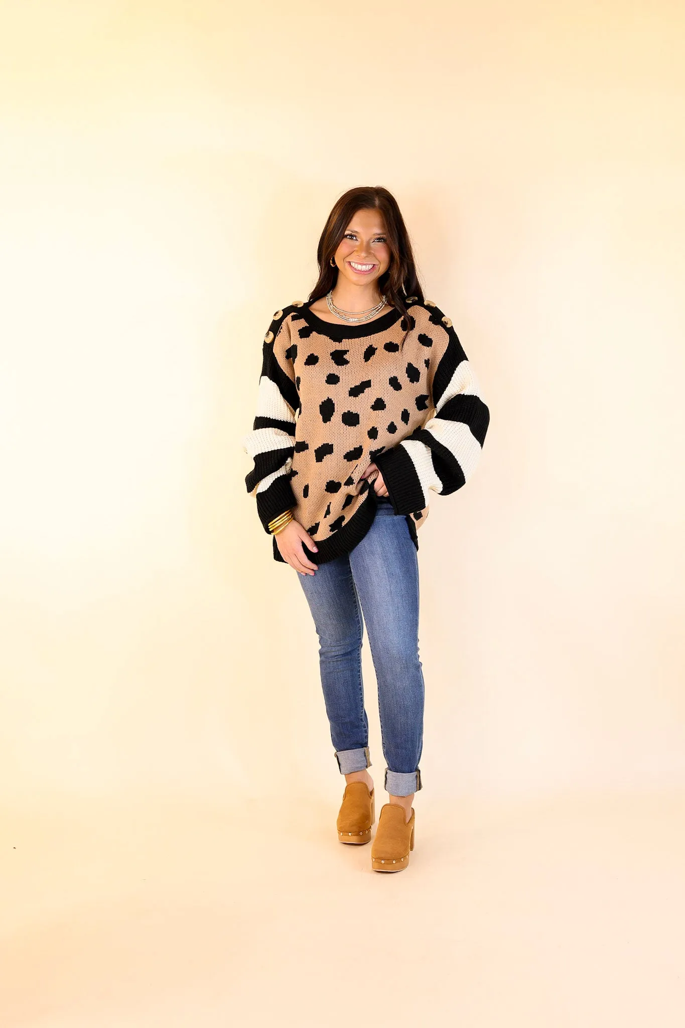 Spotted in Aspen Dotted Sweater with Striped Sleeves and Buttons in Mocha and Ivory