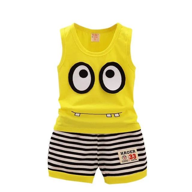 Summer Kids Clothes Set Cotton Cartoon Style Baby Boy Girls Vest  Stripe Shorts 2pcs Clothing Set Children Sport Suit Hot