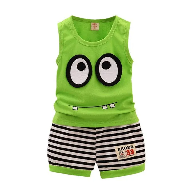 Summer Kids Clothes Set Cotton Cartoon Style Baby Boy Girls Vest  Stripe Shorts 2pcs Clothing Set Children Sport Suit Hot