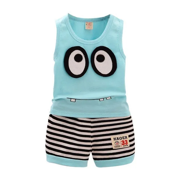 Summer Kids Clothes Set Cotton Cartoon Style Baby Boy Girls Vest  Stripe Shorts 2pcs Clothing Set Children Sport Suit Hot