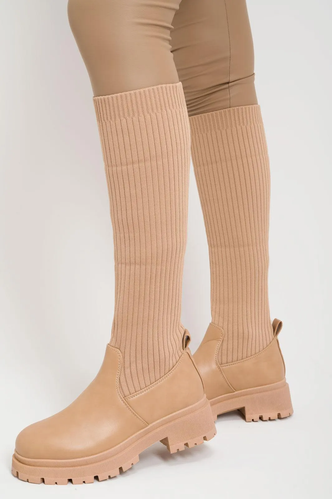 Taupe Knee High Chunky Sock Boots