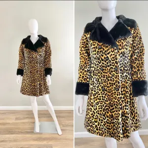 Vintage 1960s Velvet Leopard Print Coat / 60s retro vegan fur coat / size S