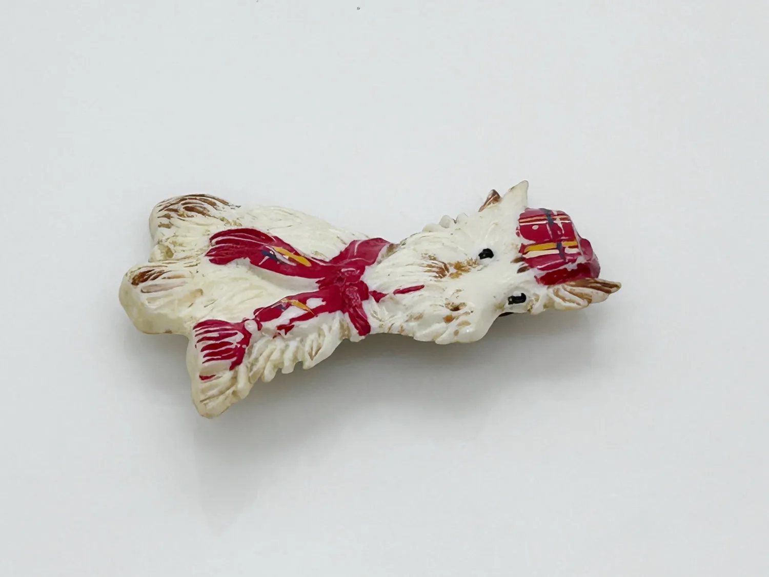 Vintage White Scottish Terrier Plastic Brooch, Plaid Scarf and Cap