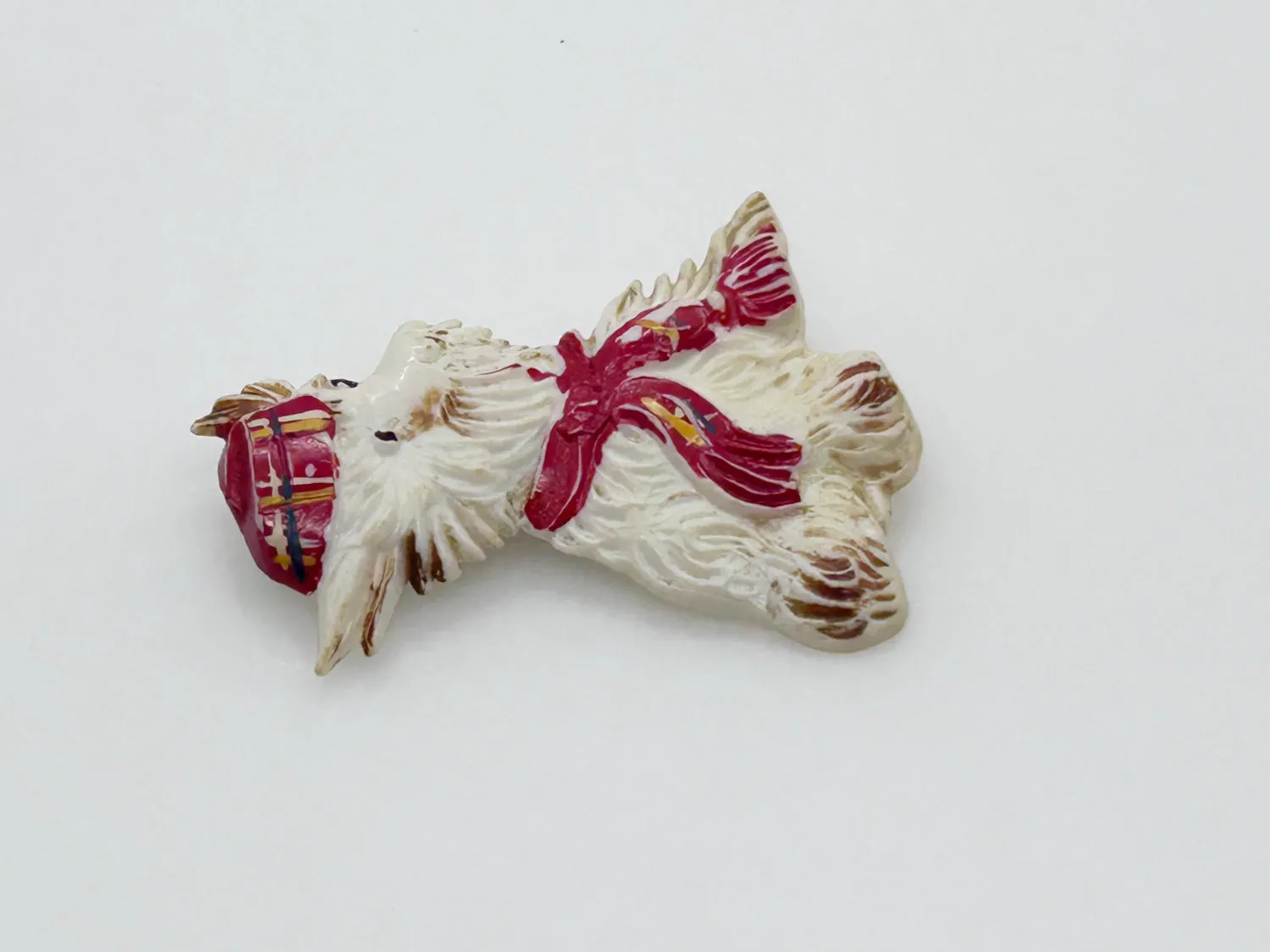 Vintage White Scottish Terrier Plastic Brooch, Plaid Scarf and Cap