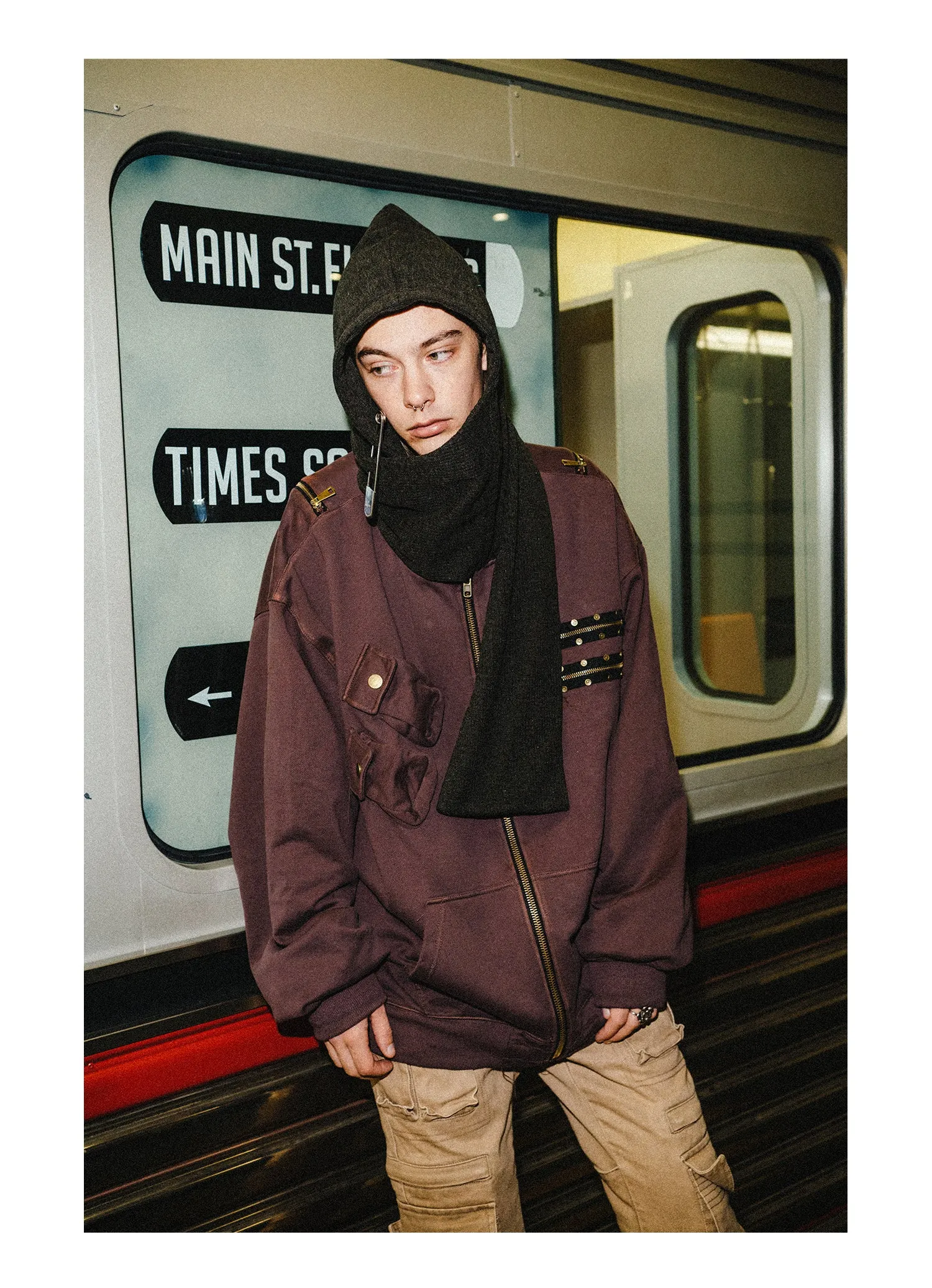 Washed Retro Rivet Stitch Knit Scarf Parka Jacket