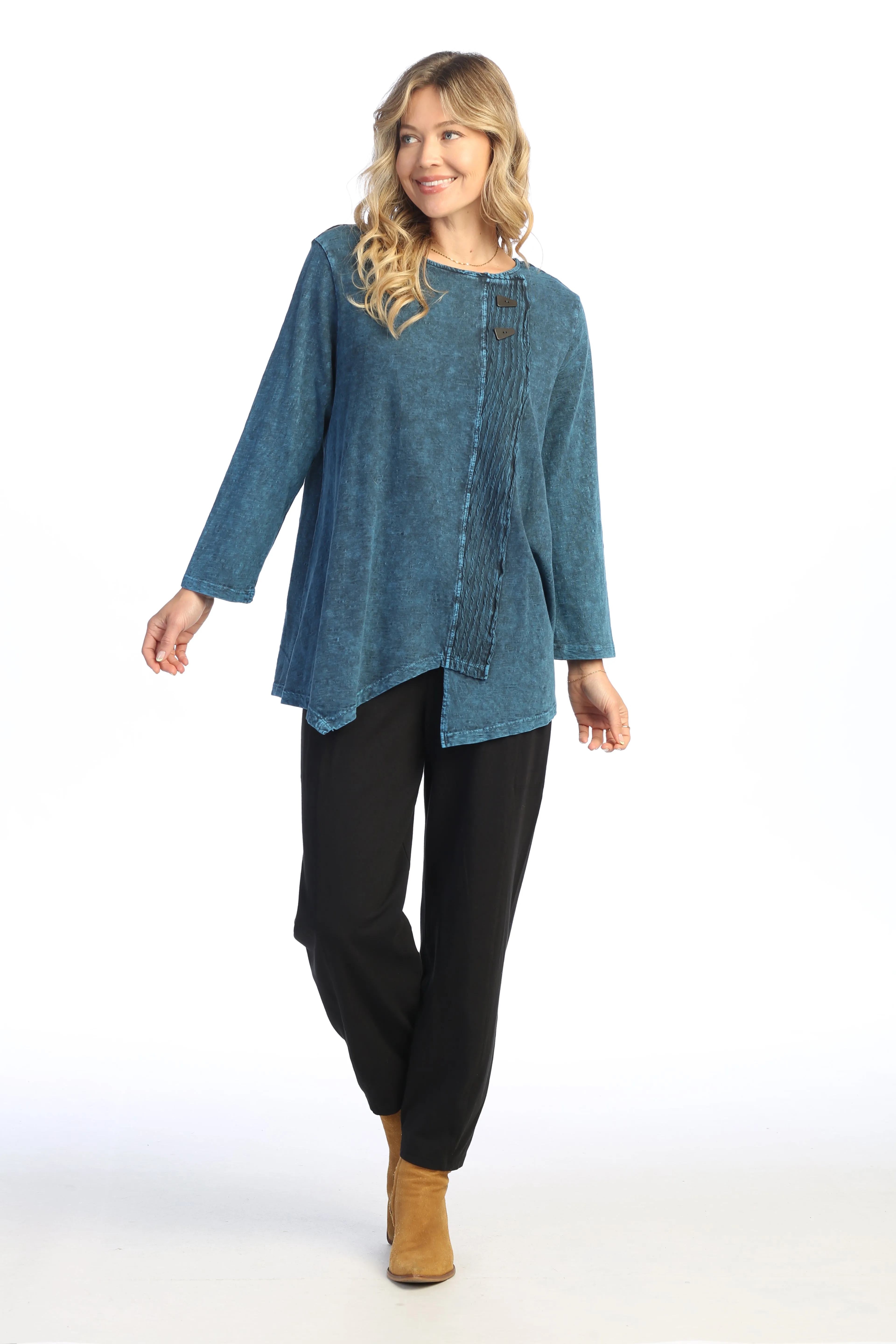 Wavy Contrast Faux Wrap Mineral Washed Cotton Tunic, Sapphire