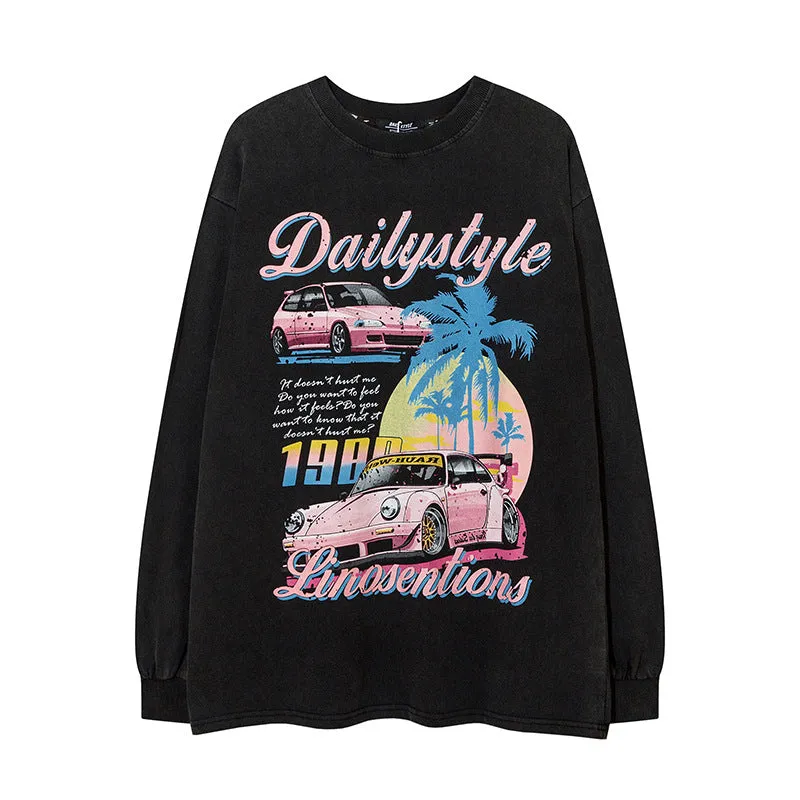 Wenkouban Fashion Vintage Distressed Washed Car Print Loose Long Sleeve T-shirt Men and Women Casual Top