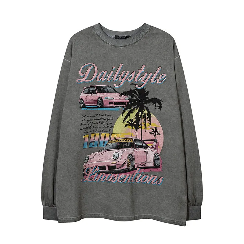 Wenkouban Fashion Vintage Distressed Washed Car Print Loose Long Sleeve T-shirt Men and Women Casual Top