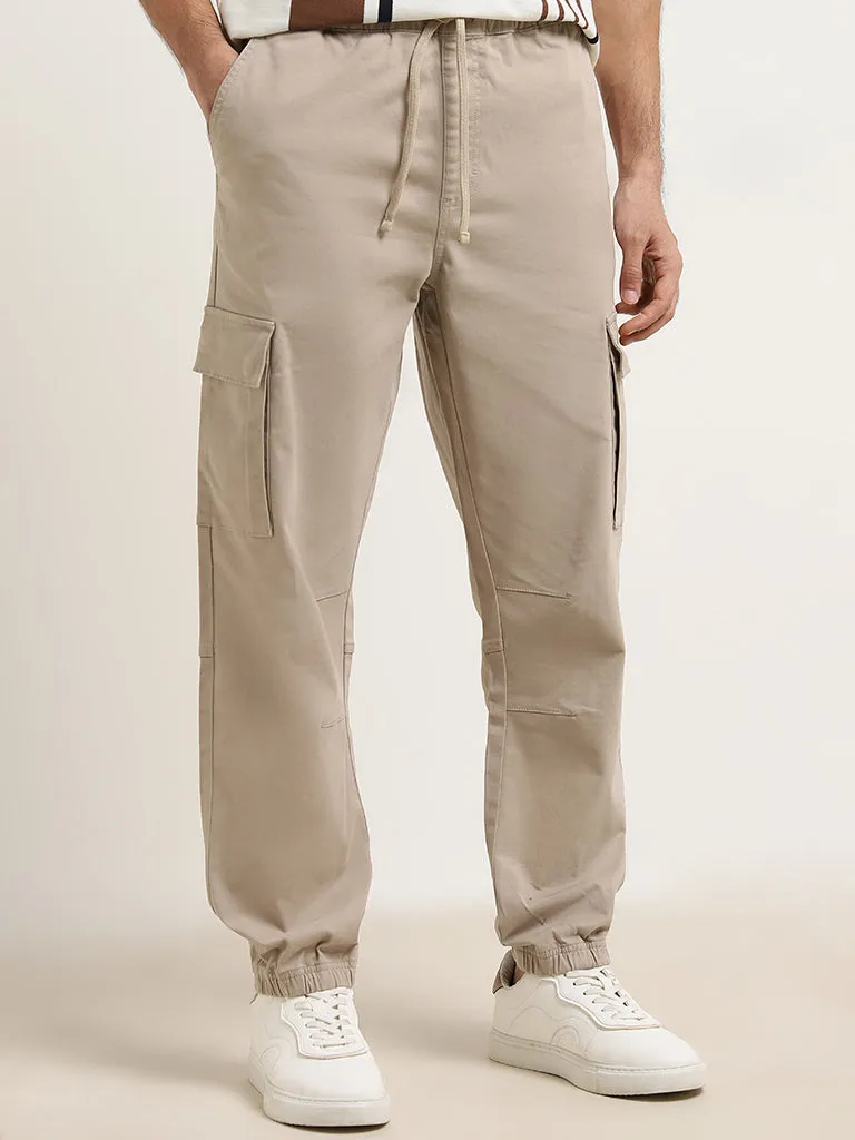 WES Casuals Light Taupe Relaxed-Fit Cotton Blend Chinos