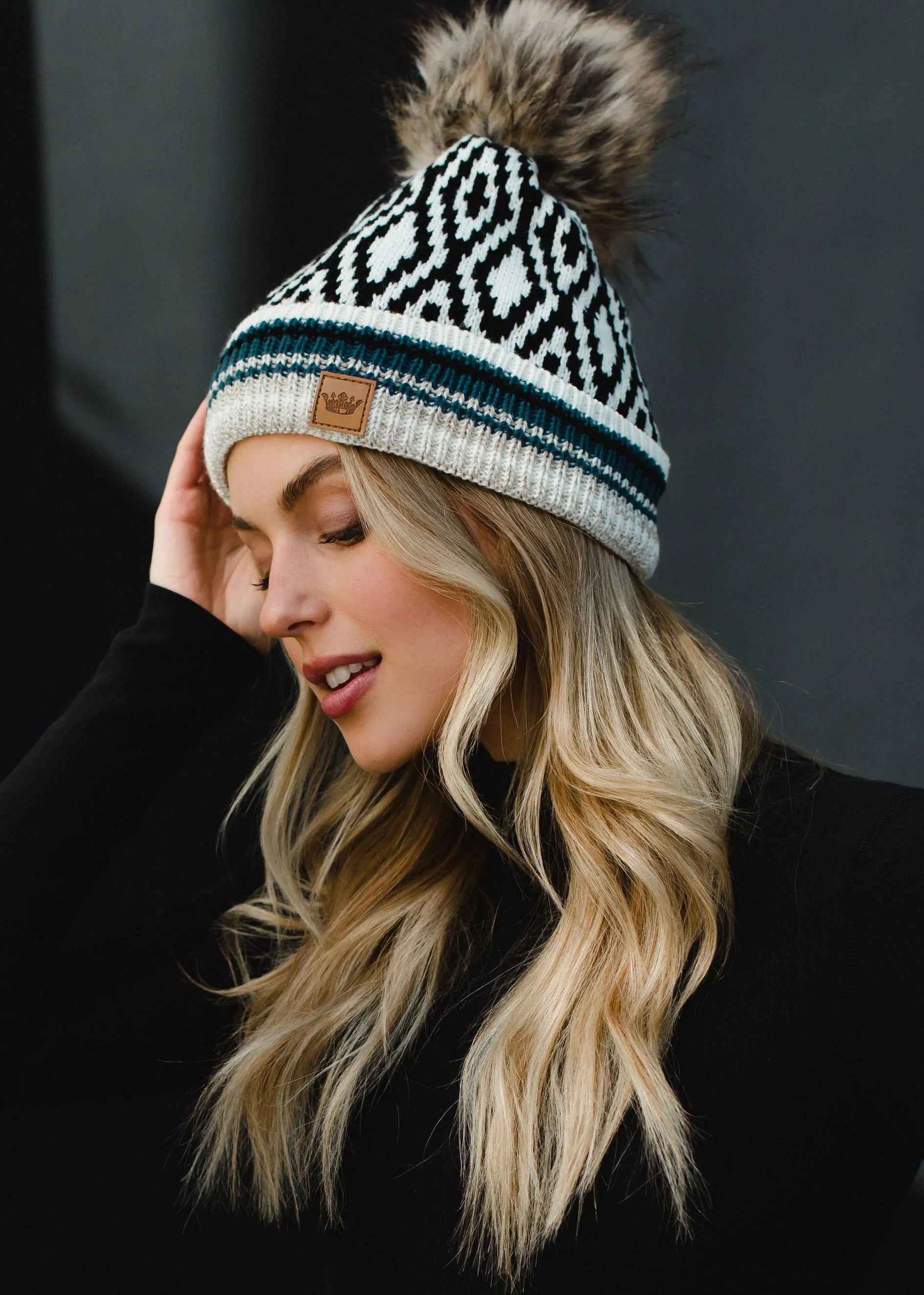 ***White, Black, Blue & Tan Patterned Pom Hat