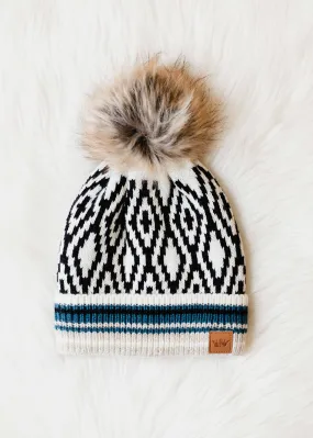 ***White, Black, Blue & Tan Patterned Pom Hat