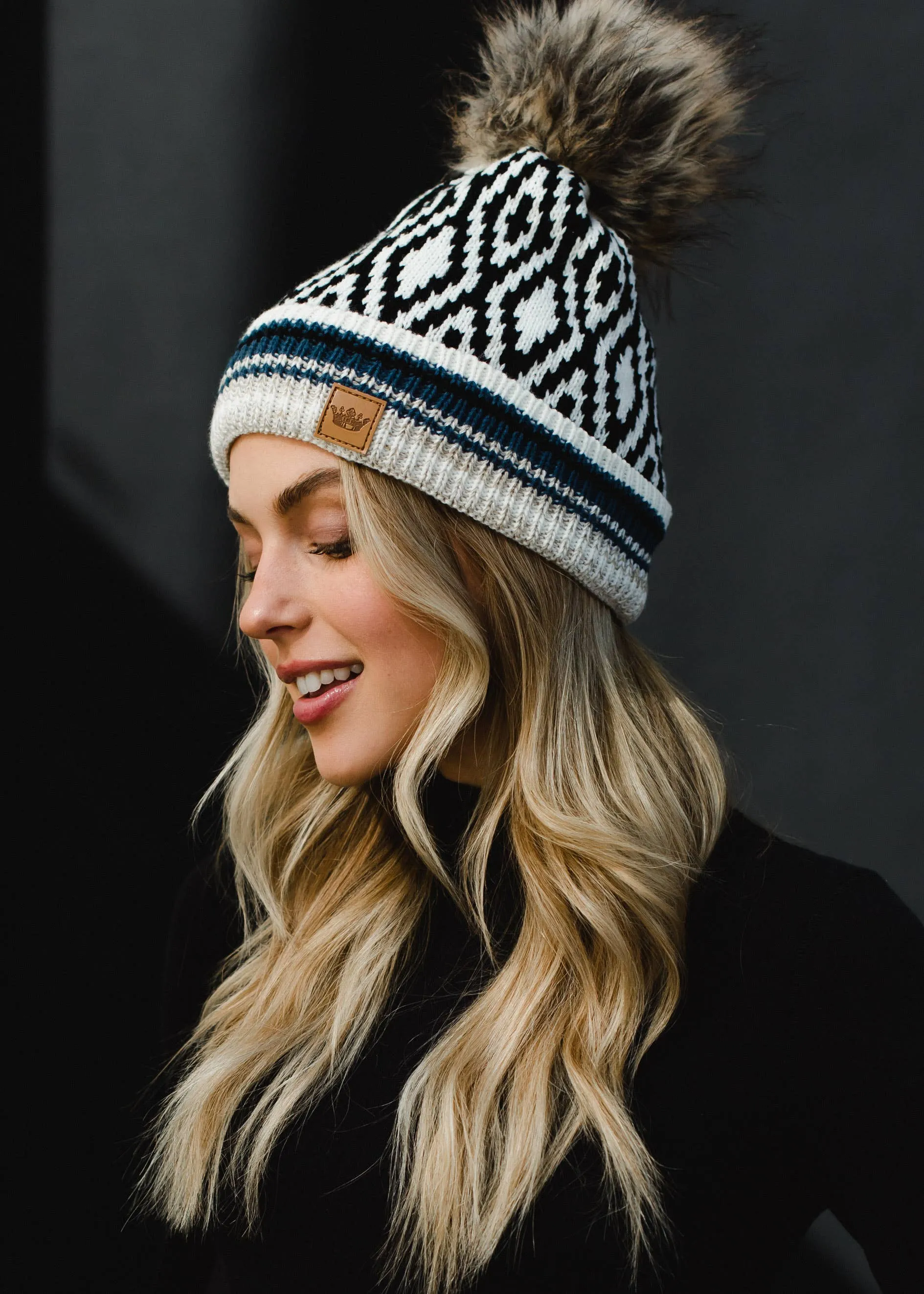 ***White, Black, Blue & Tan Patterned Pom Hat