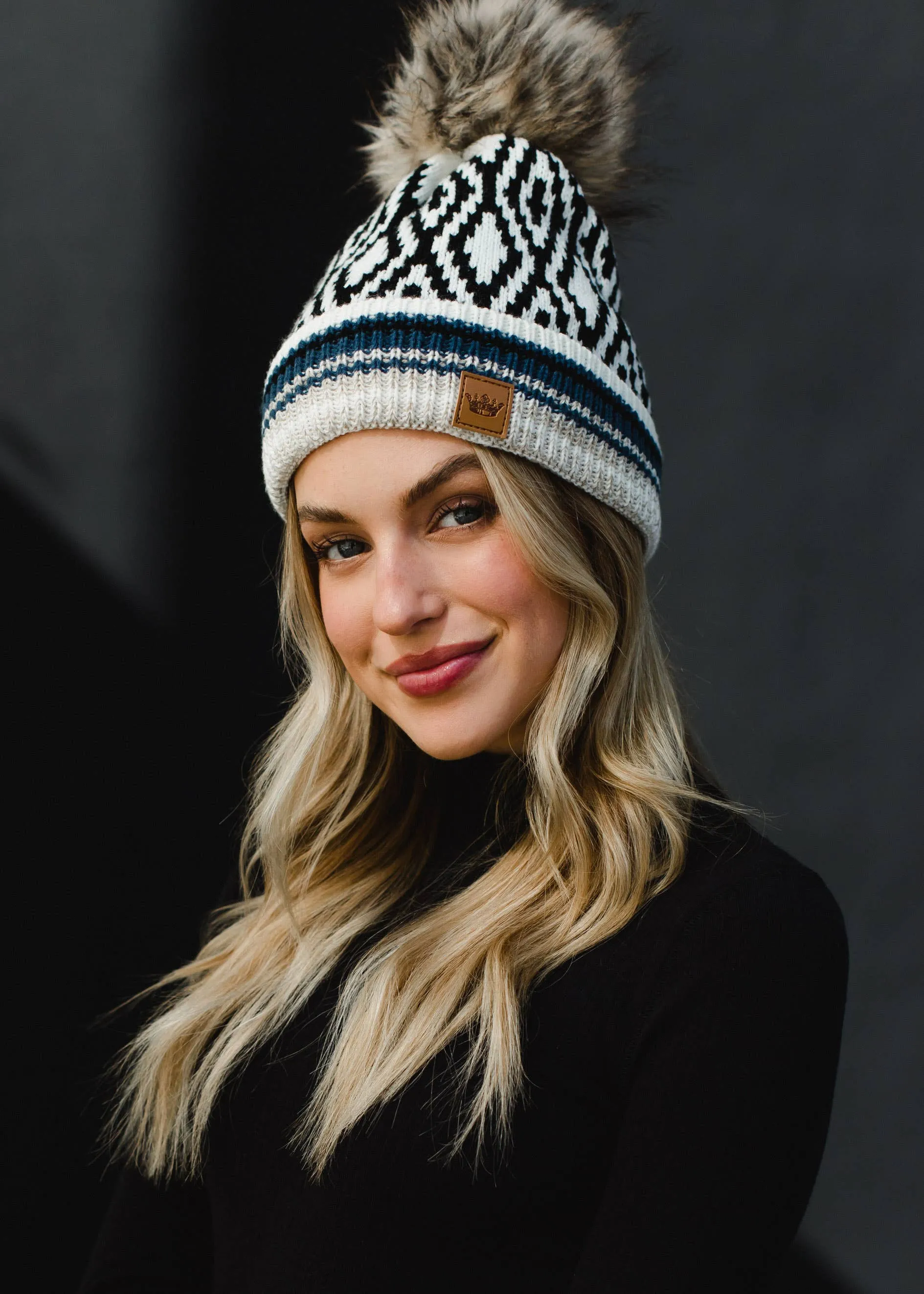 ***White, Black, Blue & Tan Patterned Pom Hat