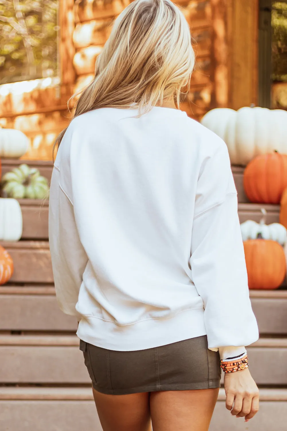 White Terry Halloween Pumpkin Patched Pattern Pullover Sweatshirt