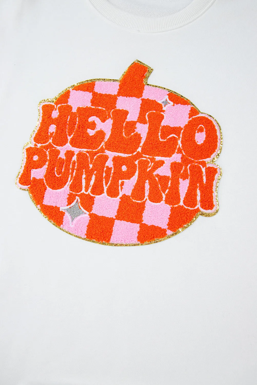 White Terry Halloween Pumpkin Patched Pattern Pullover Sweatshirt